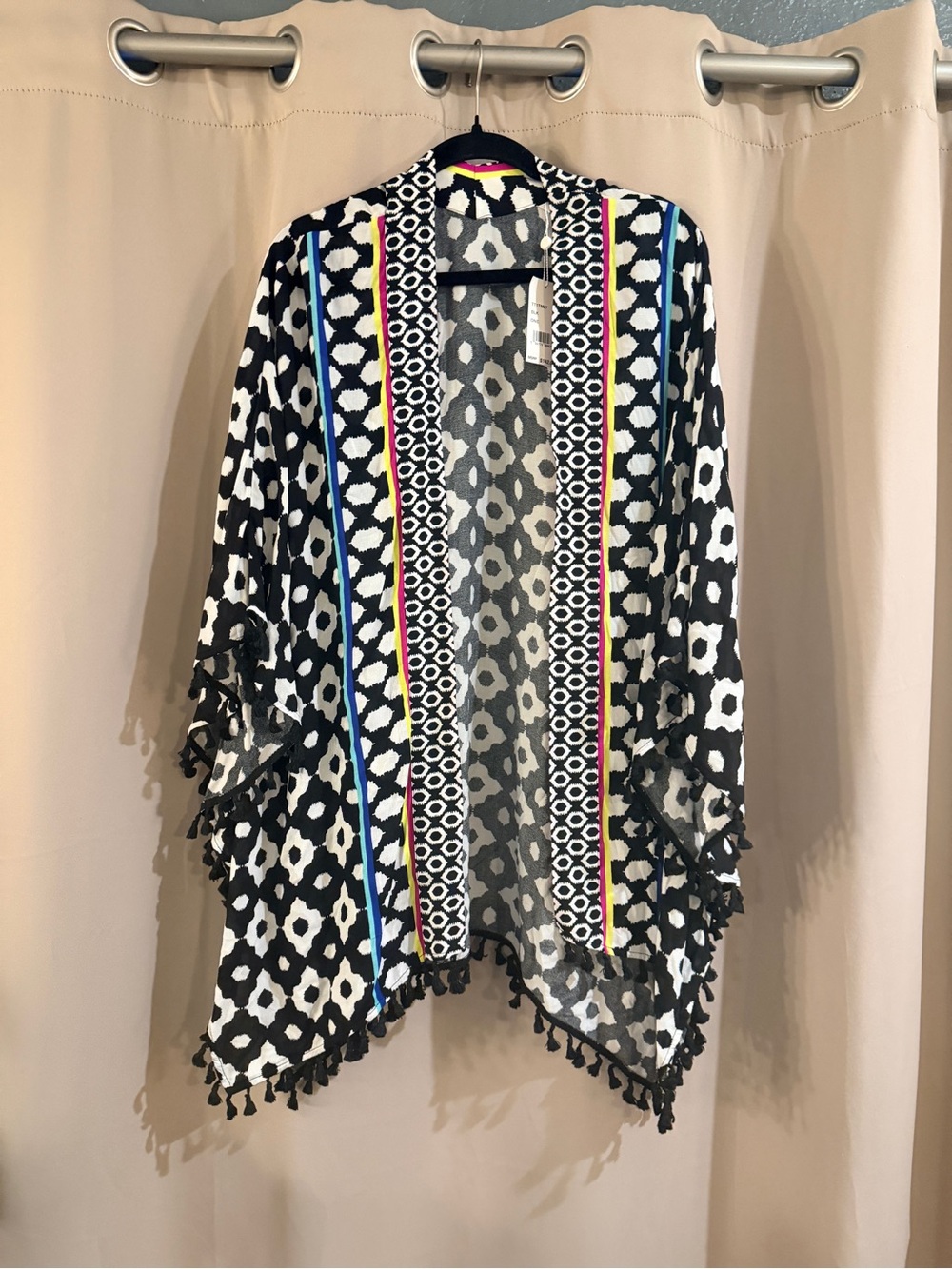 Trina Turk Black & White Geometric Open-Front Poncho with Colorful Trim